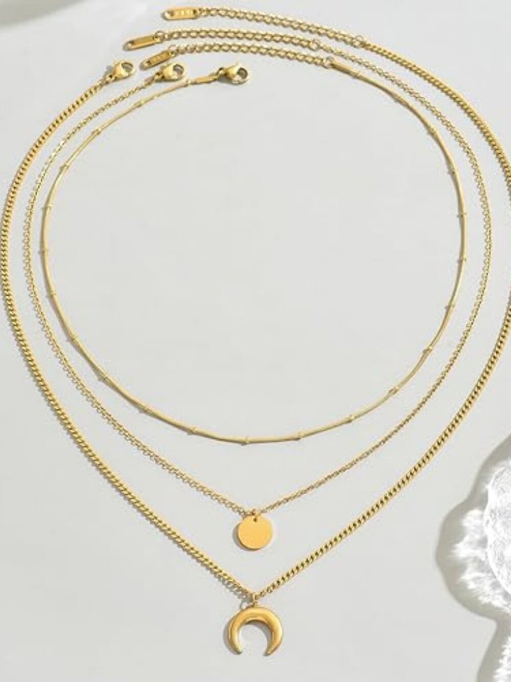 18K Gold Plated Layered Herringbone Necklace Set Moon Coin Pendant - Picture 3 of 6